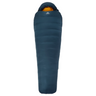 Hood detail on Mountain Equipment Helium 800 Sleeping Bag in Majolica Blue showing five-baffle anatomically shaped construction with dual tether drawcords