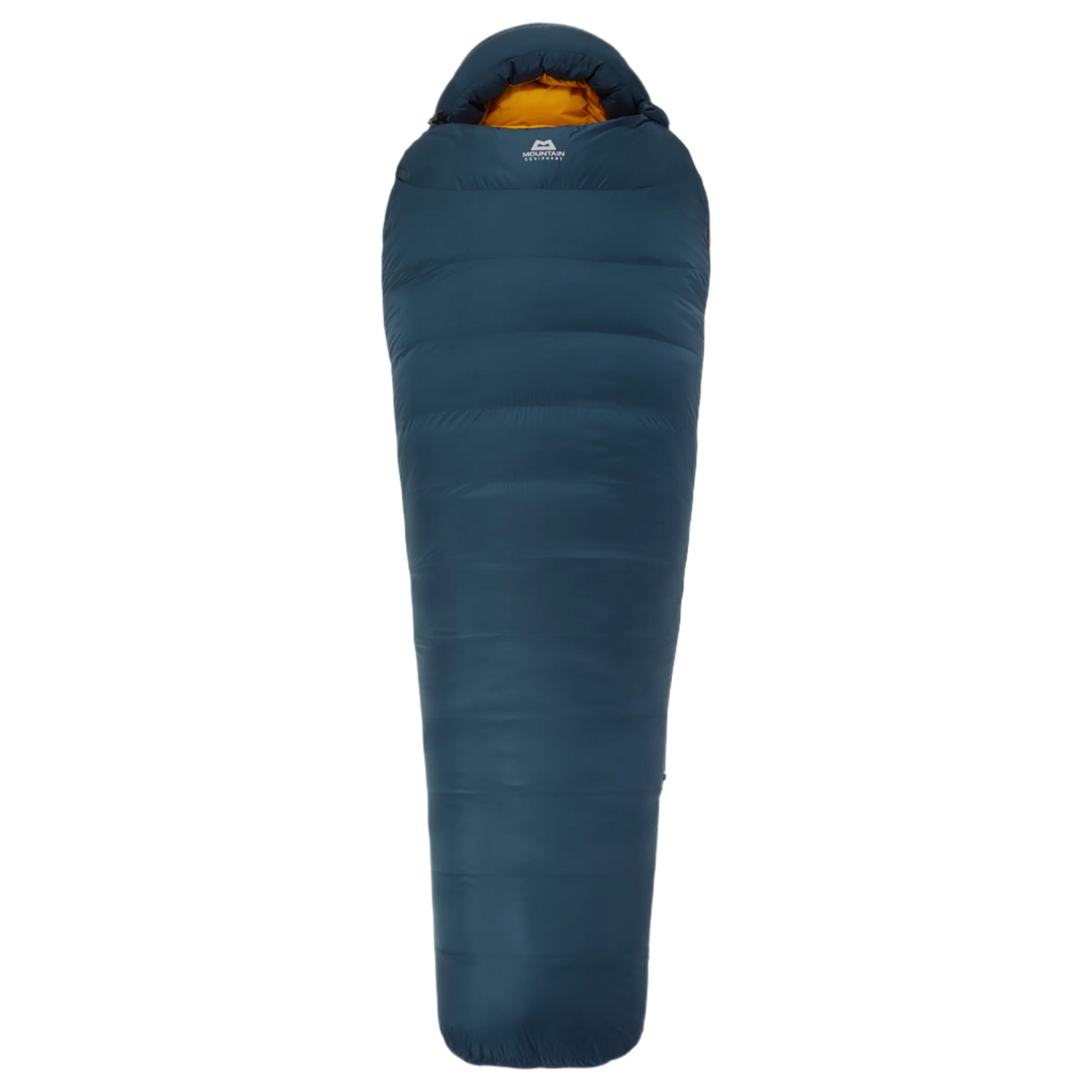 Hood detail on Mountain Equipment Helium 800 Sleeping Bag in Majolica Blue showing five-baffle anatomically shaped construction with dual tether drawcords