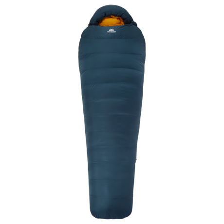 Hood detail on Mountain Equipment Helium 800 Sleeping Bag in Majolica Blue showing five-baffle anatomically shaped construction with dual tether drawcords