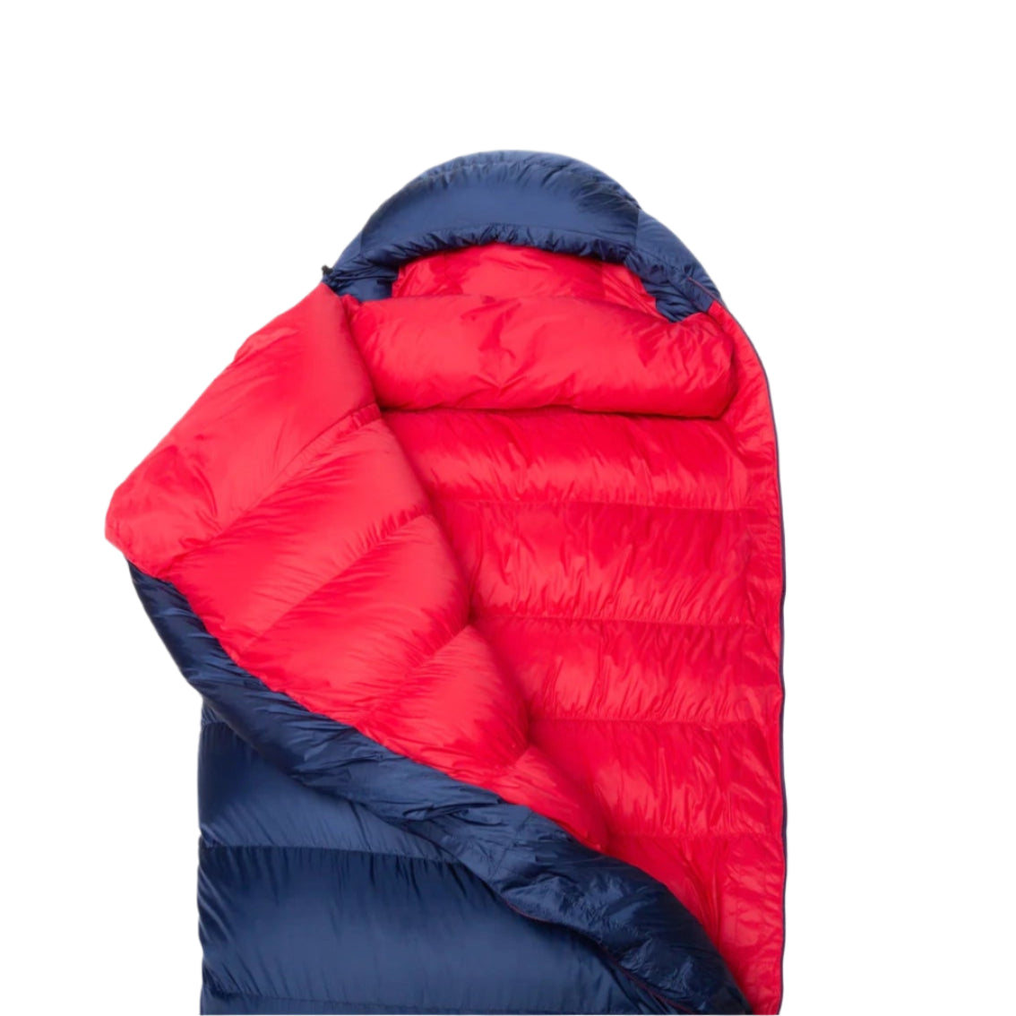 Foot box detail on Mountain Equipment Helium 800 Women's Sleeping Bag in Medieval Blue showing Trapezium 4 System four-baffle construction