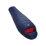 Mountain Equipment Helium 800 Women's Sleeping Bag in Medieval Blue - front view showing recycled Helium 20D outer and Alpine 2.0 fit