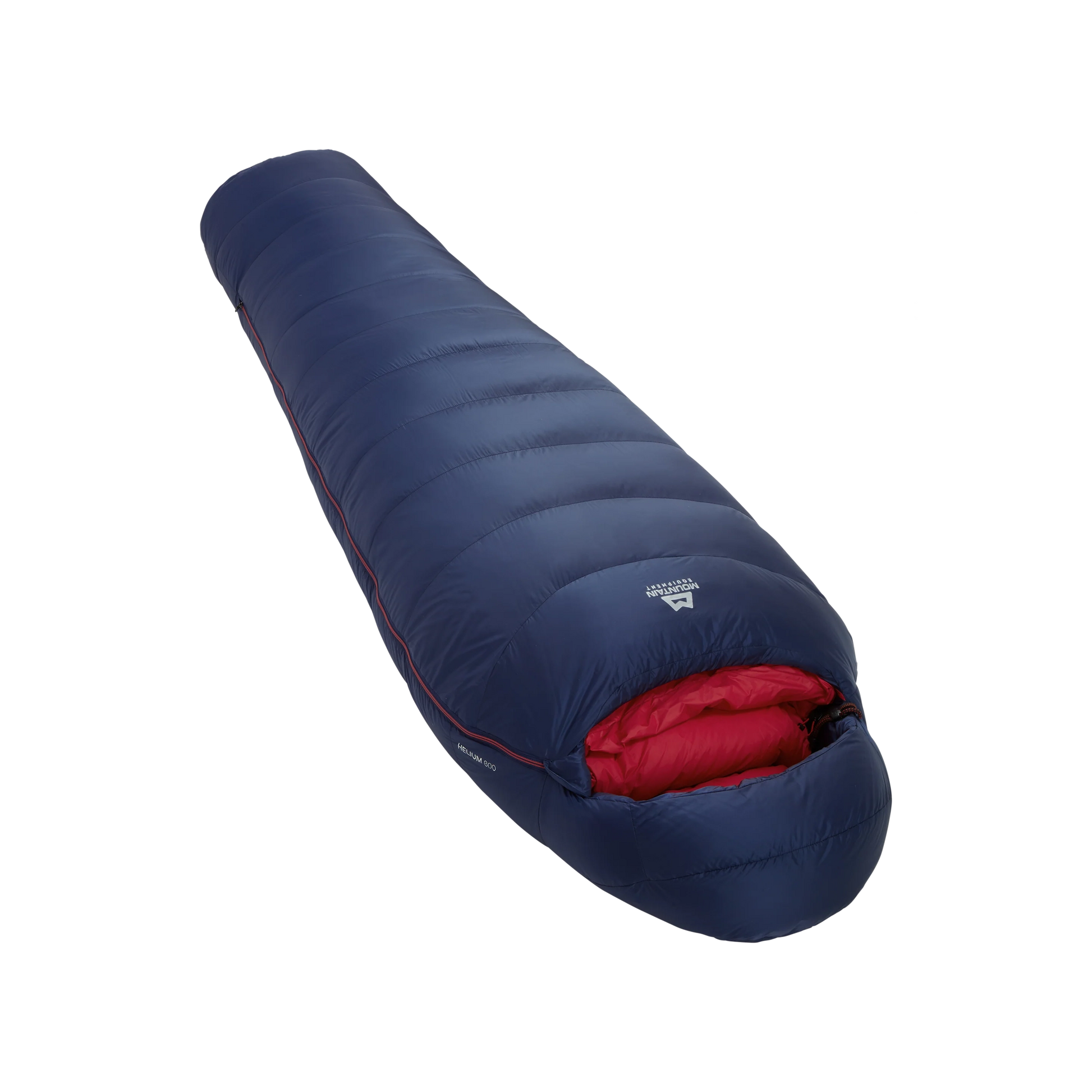 Mountain Equipment Helium 800 Women's Sleeping Bag in Medieval Blue - front view showing recycled Helium 20D outer and Alpine 2.0 fit