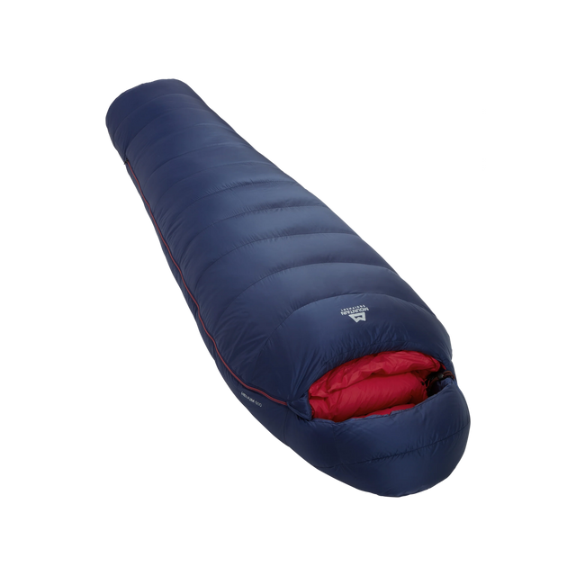 Mountain Equipment Helium 800 Women's Sleeping Bag in Medieval Blue - front view showing recycled Helium 20D outer and Alpine 2.0 fit
