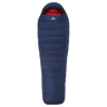 Hood detail on Mountain Equipment Helium 800 Women's Sleeping Bag in Medieval Blue showing five-baffle anatomically shaped construction with dual tether drawcords