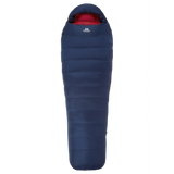 Hood detail on Mountain Equipment Helium 800 Women's Sleeping Bag in Medieval Blue showing five-baffle anatomically shaped construction with dual tether drawcords