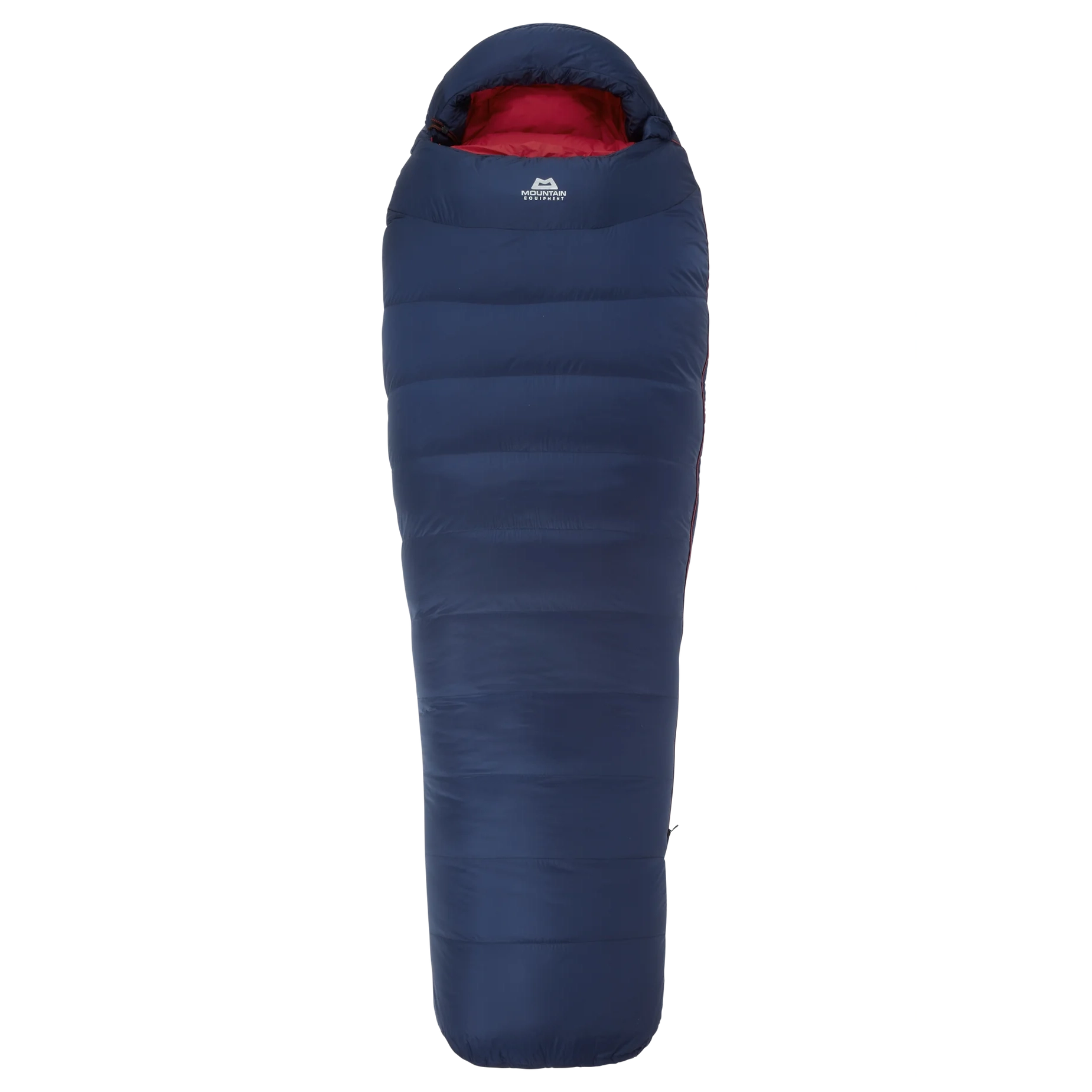 Hood detail on Mountain Equipment Helium 800 Women's Sleeping Bag in Medieval Blue showing five-baffle anatomically shaped construction with dual tether drawcords