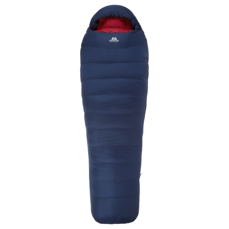 Hood detail on Mountain Equipment Helium 800 Women's Sleeping Bag in Medieval Blue showing five-baffle anatomically shaped construction with dual tether drawcords
