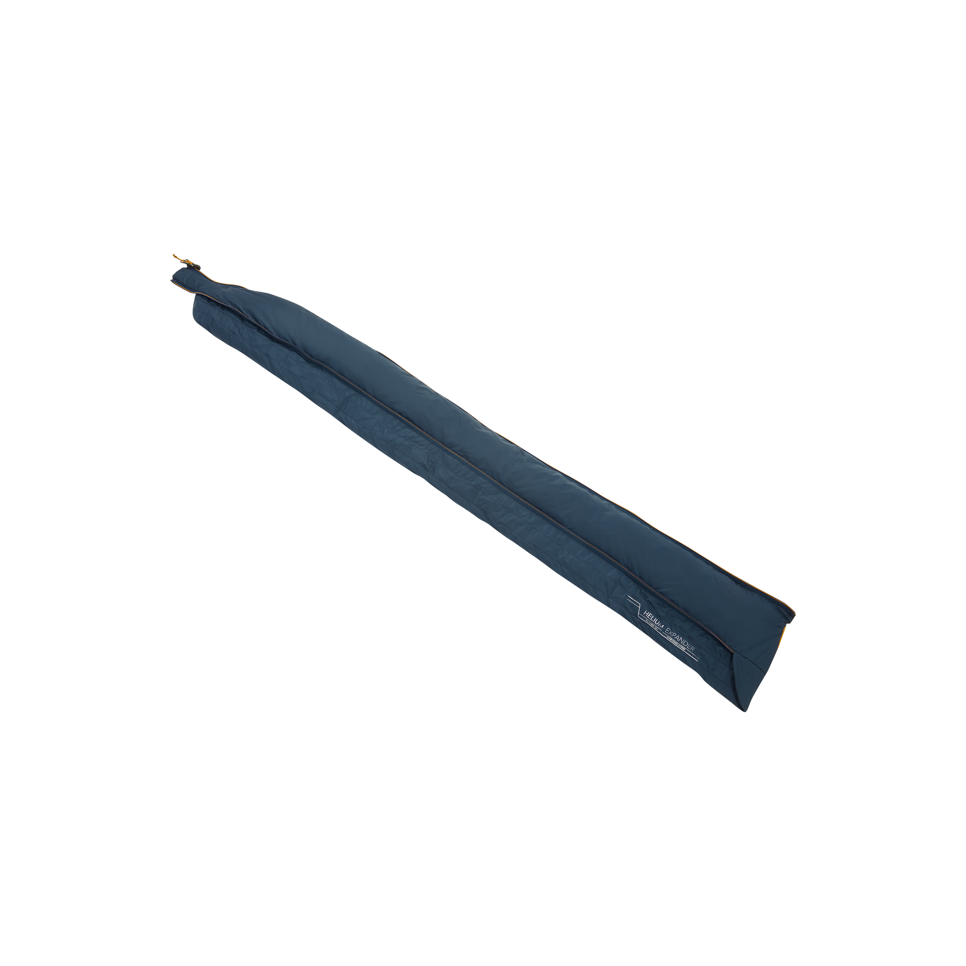 Mountain Equipment Helium Expansion Baffle in Majolica Blue attached to Helium sleeping bag showing 13 cm width expansion