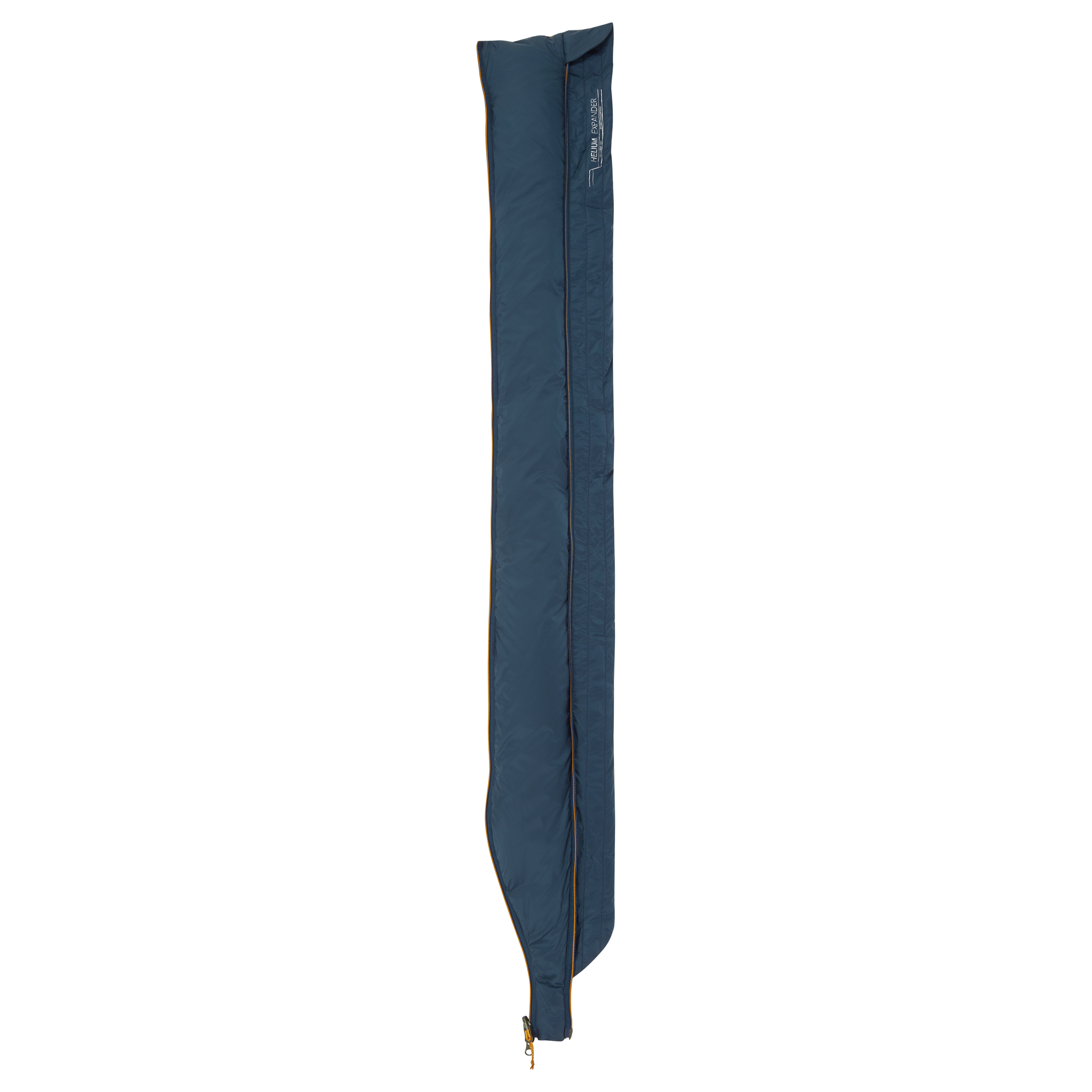 Mountain Equipment Helium Expansion Baffle in Majolica Blue - front view showing recycled Helium 20D outer and YKK zip attachment