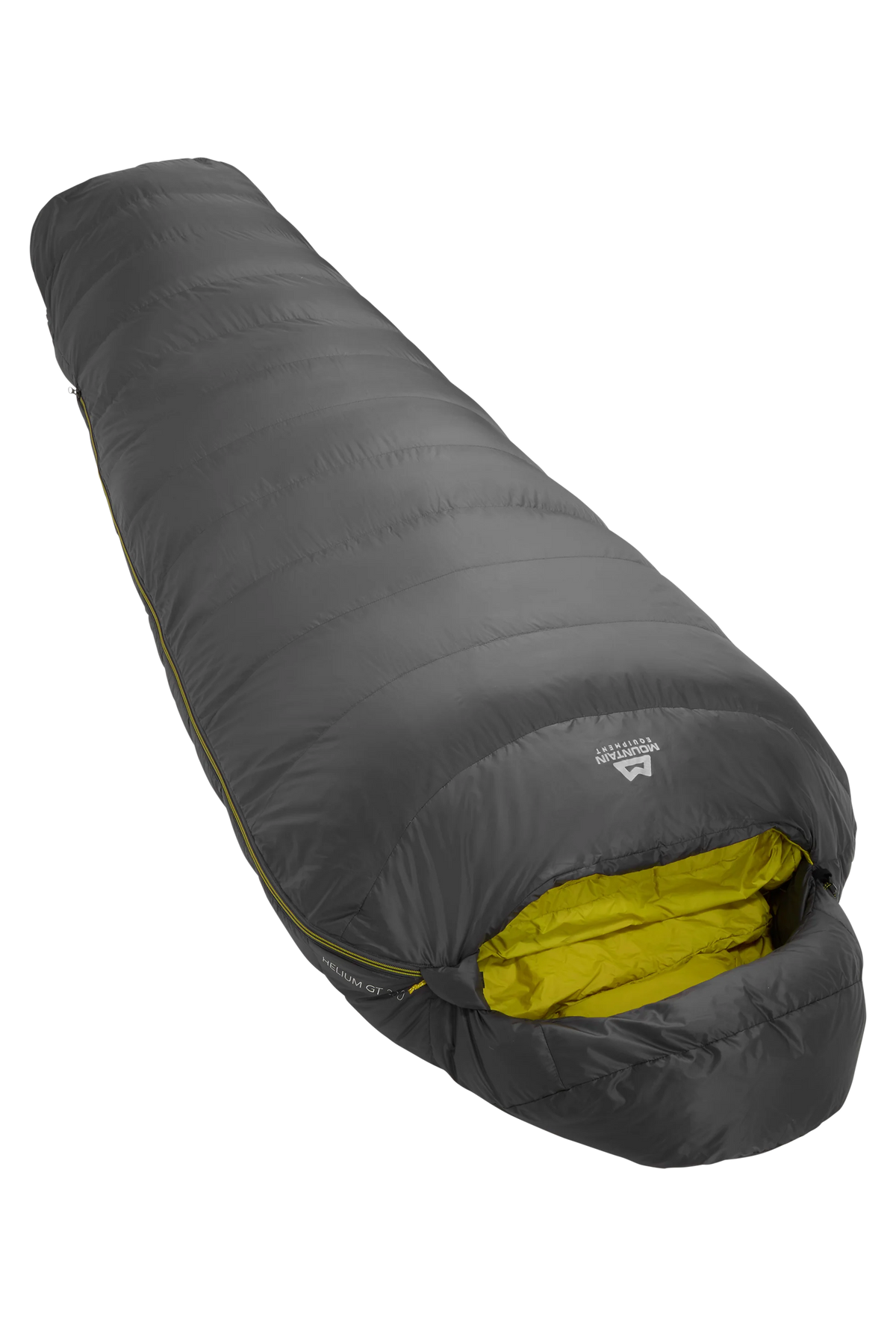 Mountain Equipment Helium GT 250 Sleeping Bag in Anvil Grey - front view showing recycled Helium 20D outer and roomy GT fit