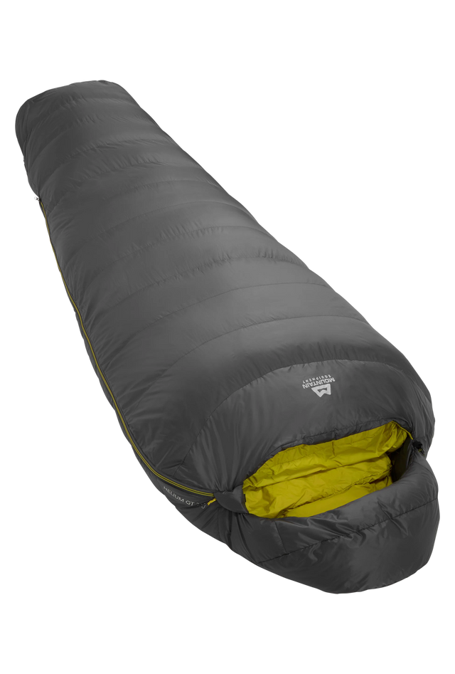 Mountain Equipment Helium GT 250 Sleeping Bag in Anvil Grey - front view showing recycled Helium 20D outer and roomy GT fit