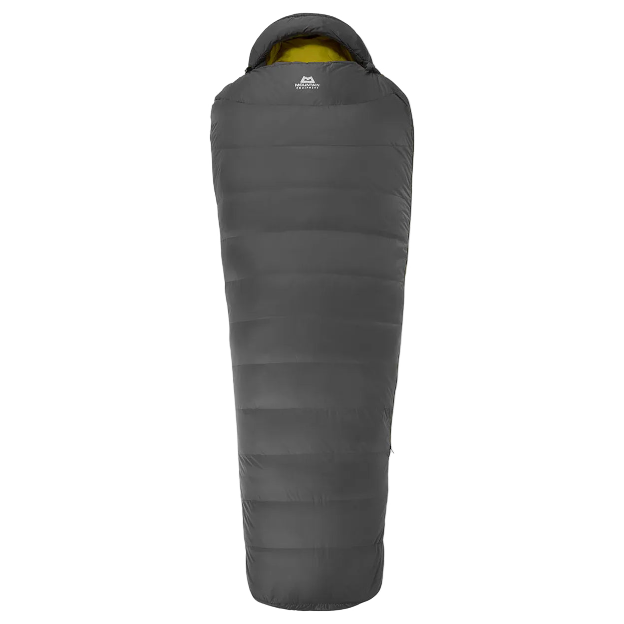 Hood detail on Mountain Equipment Helium GT 250 Sleeping Bag in Anvil Grey showing five-baffle anatomically shaped construction