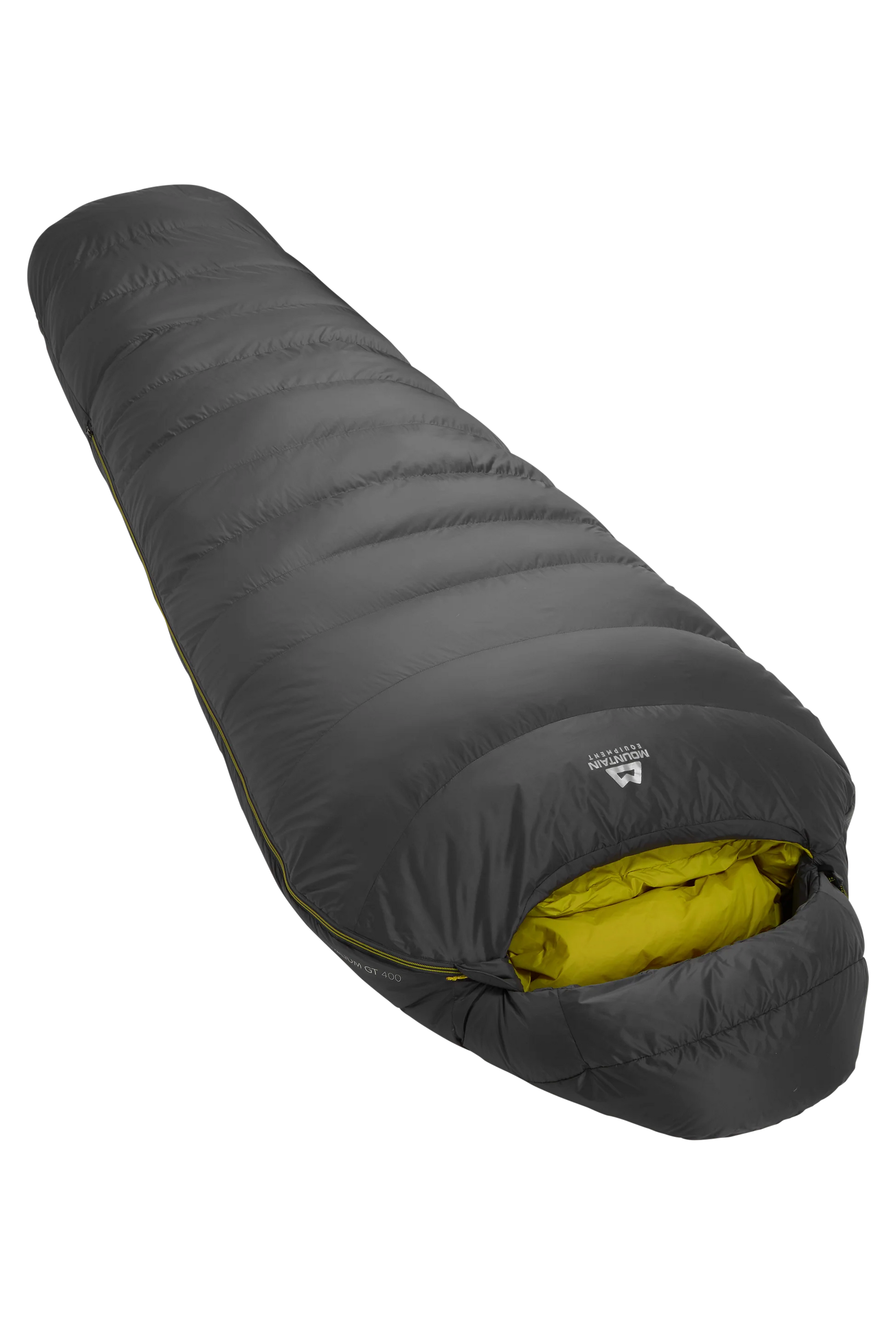 Mountain Equipment Helium GT 400 Sleeping Bag in Anvil Grey - front view showing recycled Helium 20D outer and roomy GT fit