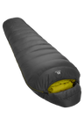 Mountain Equipment Helium GT 400 Sleeping Bag in Anvil Grey - front view showing recycled Helium 20D outer and roomy GT fit