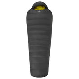 Hood detail on Mountain Equipment Helium GT 400 Sleeping Bag in Anvil Grey showing five-baffle anatomically shaped construction