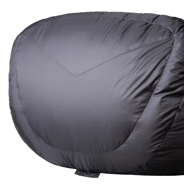 Mountain Equipment Helium GT 400 Sleeping Bag in Anvil Grey - lifestyle view showing roomy GT fit sleeping bag for extended backpacking and spring summer travel