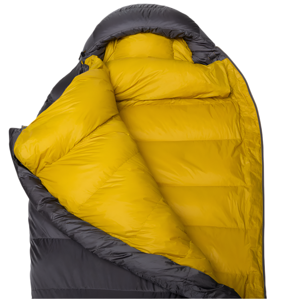 Foot box detail on Mountain Equipment Helium GT 600 Sleeping Bag in Anvil Grey showing four-baffle anatomically shaped and offset construction