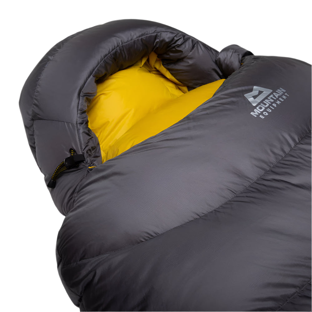Gemini full-length 140 cm zip baffle detail on Mountain Equipment Helium GT 600 Sleeping Bag in Anvil Grey with Lode Lock magnetic closure and integrated neck collar