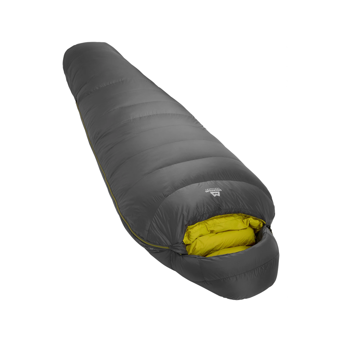 Mountain Equipment Helium GT 800 Sleeping Bag in Anvil Grey - front view showing recycled Helium 20D outer and roomy GT fit