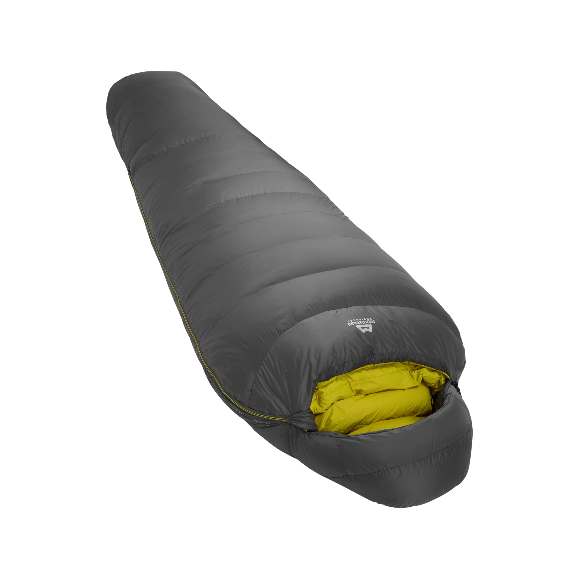 Mountain Equipment Helium GT 800 Sleeping Bag in Anvil Grey - front view showing recycled Helium 20D outer and roomy GT fit
