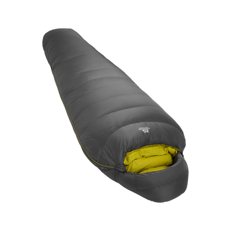 Mountain Equipment Helium GT 800 Sleeping Bag in Anvil Grey - front view showing recycled Helium 20D outer and roomy GT fit