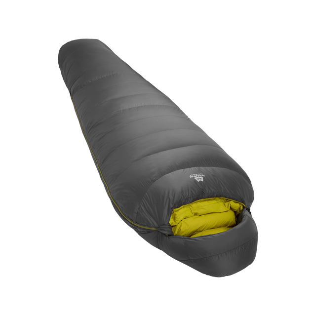 Mountain Equipment Helium GT 800 Sleeping Bag in Anvil Grey - front view showing recycled Helium 20D outer and roomy GT fit