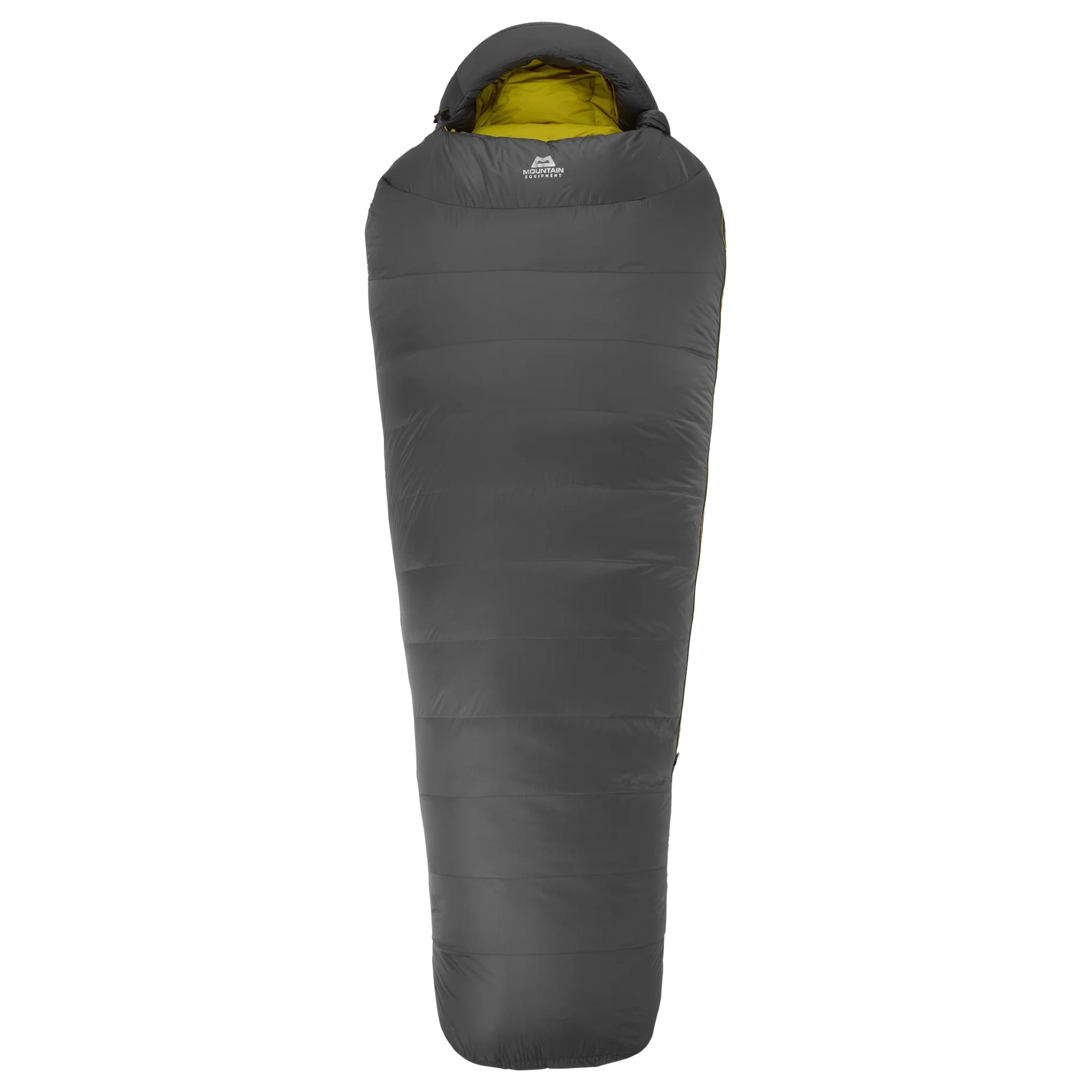 Hood detail on Mountain Equipment Helium GT 800 Sleeping Bag in Anvil Grey showing five-baffle anatomically shaped construction