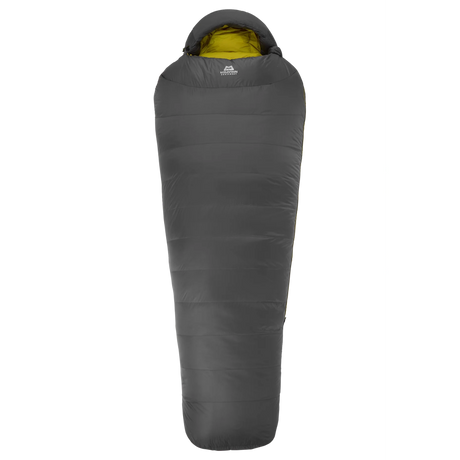 Hood detail on Mountain Equipment Helium GT 800 Sleeping Bag in Anvil Grey showing five-baffle anatomically shaped construction