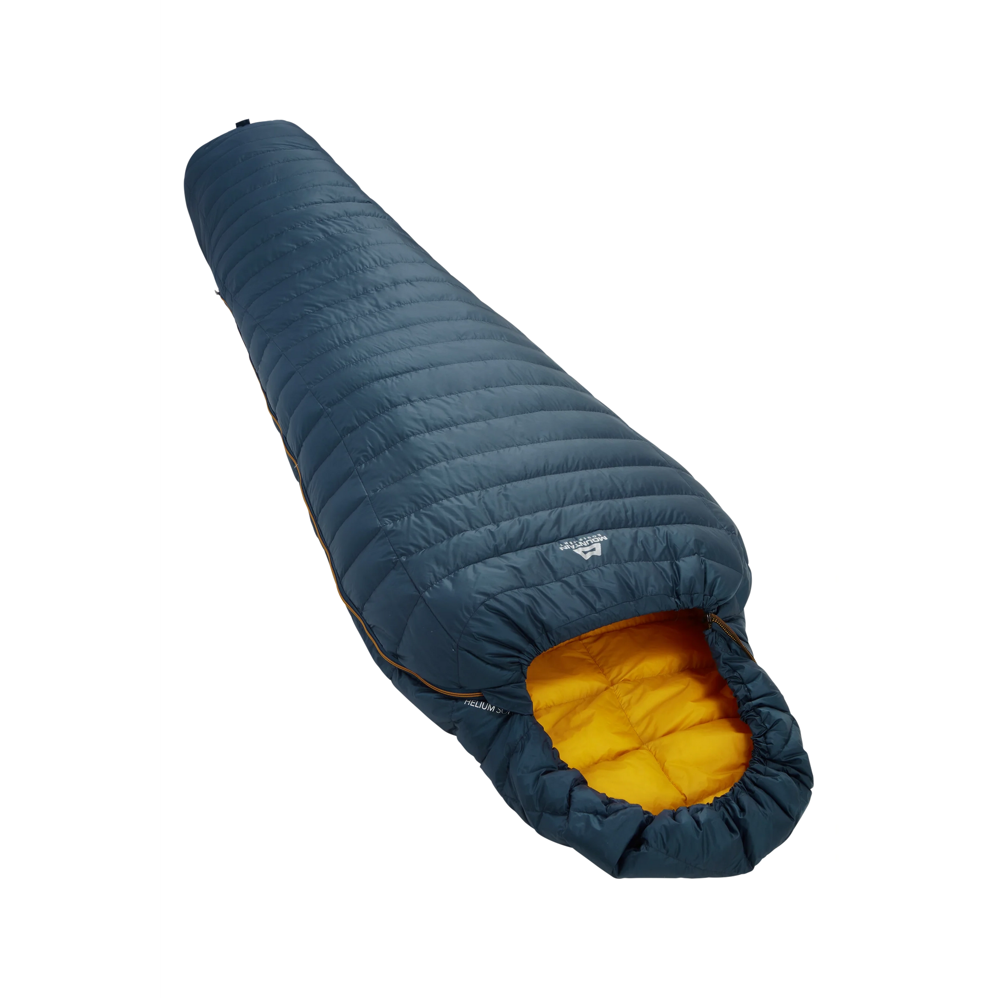 Mountain Equipment Helium Solo Sleeping Bag in Majolica Blue - front view showing recycled Helium 20D outer and Alpine 2.0 fit