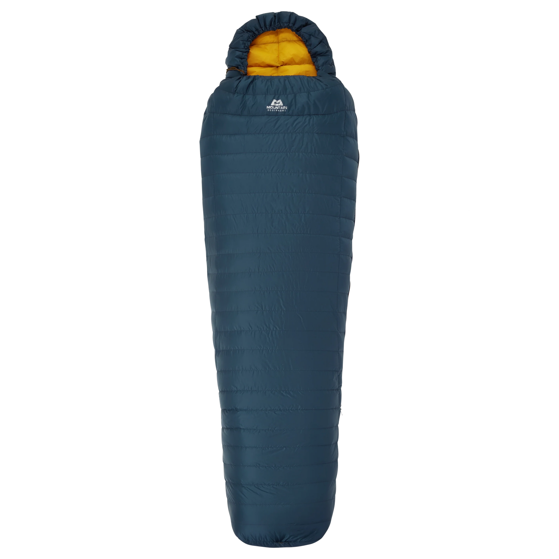 Mountain Equipment Helium Solo Sleeping Bag in Majolica Blue packed into lightweight stuff sack showing ultra-compact 22 x 11 x 11 cm packed size