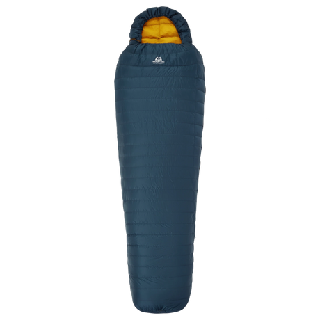 Mountain Equipment Helium Solo Sleeping Bag in Majolica Blue packed into lightweight stuff sack showing ultra-compact 22 x 11 x 11 cm packed size