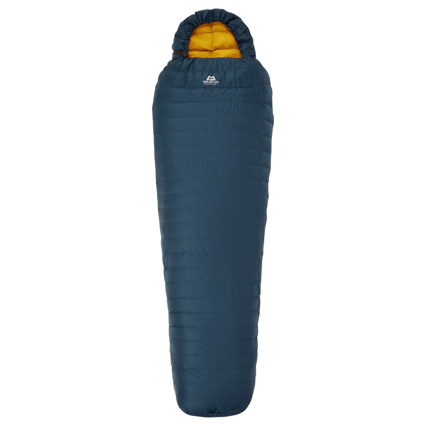 Mountain Equipment Helium Solo Sleeping Bag in Majolica Blue packed into lightweight stuff sack showing ultra-compact 22 x 11 x 11 cm packed size