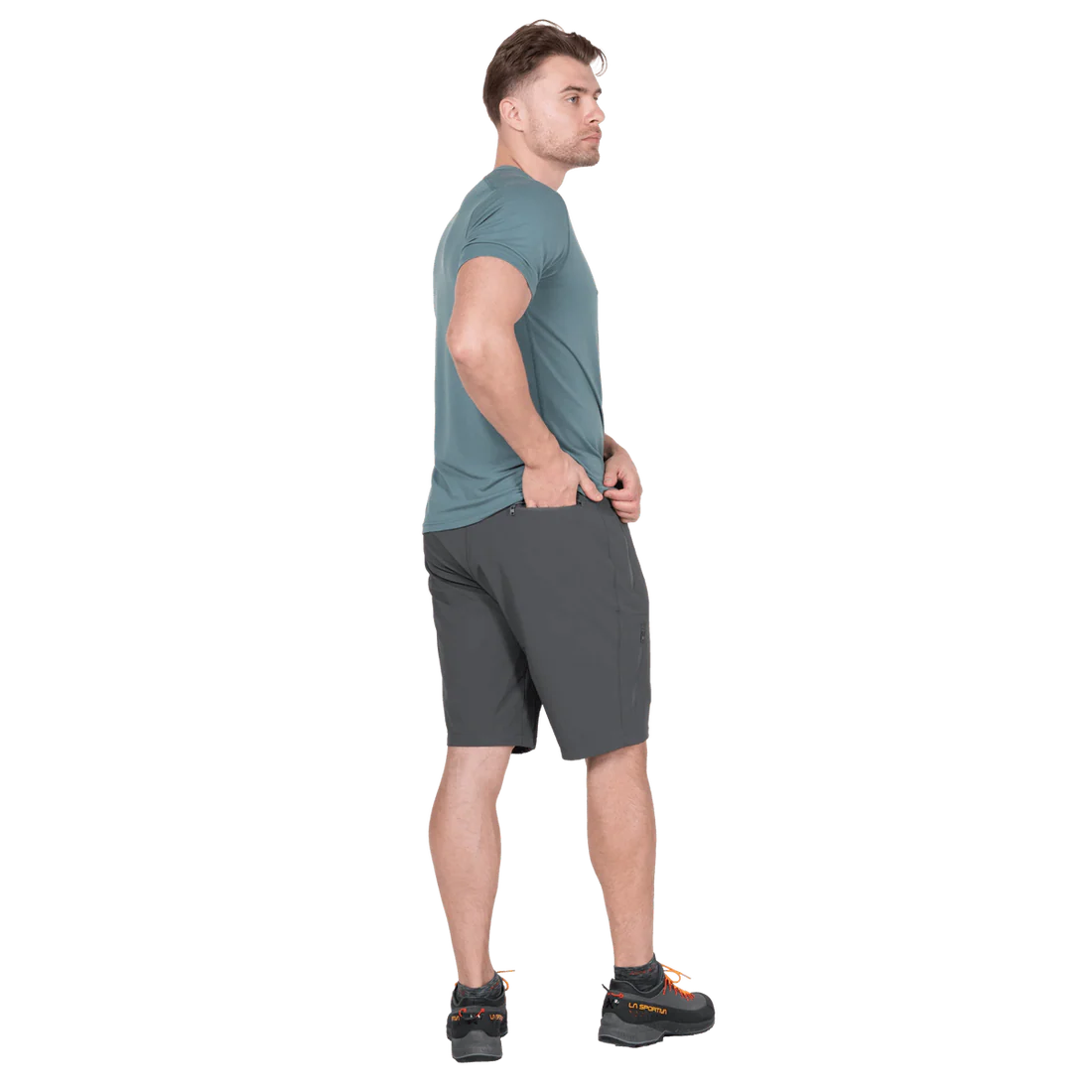EXOLITE 210 stretch softshell fabric detail on Mountain Equipment Ibex Mountain Men's Short in Anvil Grey