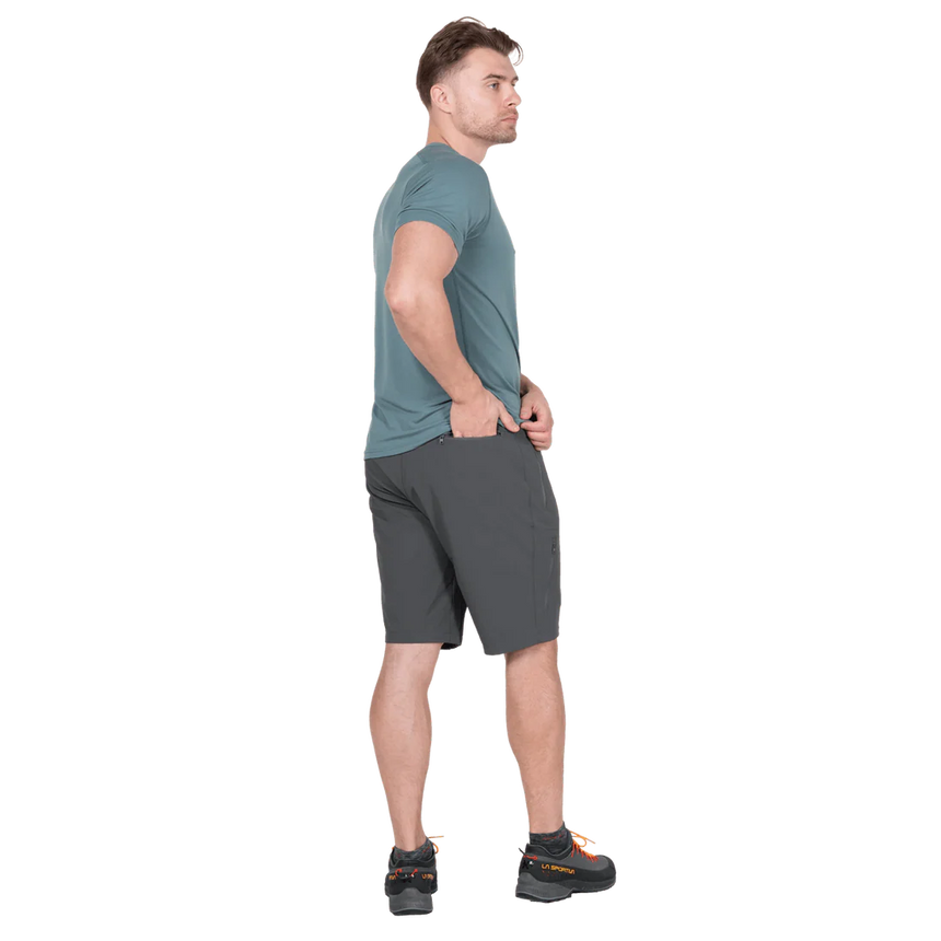 EXOLITE 210 stretch softshell fabric detail on Mountain Equipment Ibex Mountain Men's Short in Anvil Grey