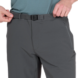 Zipped hand pocket detail on Mountain Equipment Ibex Mountain Men's Short in Anvil Grey