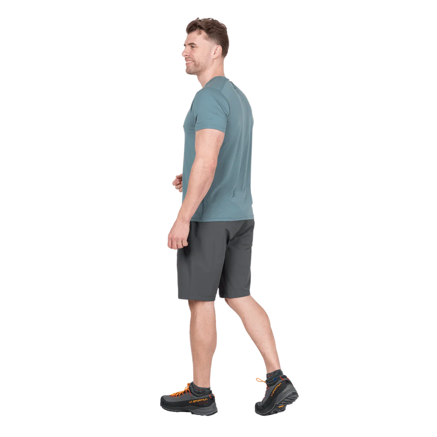 Mountain Equipment Ibex Mountain Men's Short in Anvil Grey - right side view showing Alpine Fit