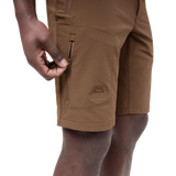 Close-up of integrated belt and double press-stud waist closure on Mountain Equipment Ibex Mountain Men's Short in Desert Palm