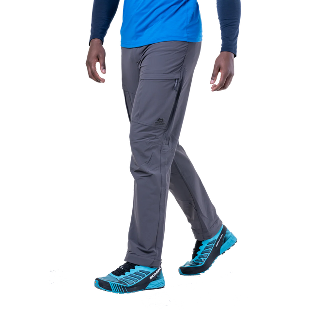 Mountain Equipment Ibex Pro Men's Pant in Anvil Grey - left side view showing thigh pocket and vent