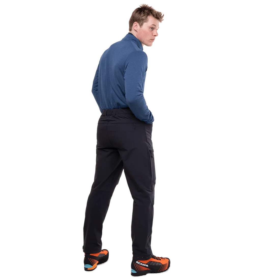 Mountain Equipment Ibex Pro Men's Pant in Black - left side view showing thigh pocket and vent