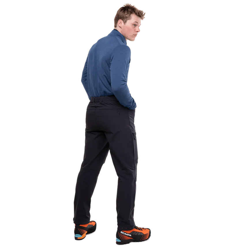 Mountain Equipment Ibex Pro Men's Pant in Black - left side view showing thigh pocket and vent