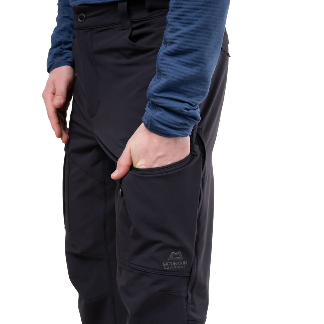 Thigh vent detail on Mountain Equipment Ibex Pro Men's Pant in Black for temperature regulation