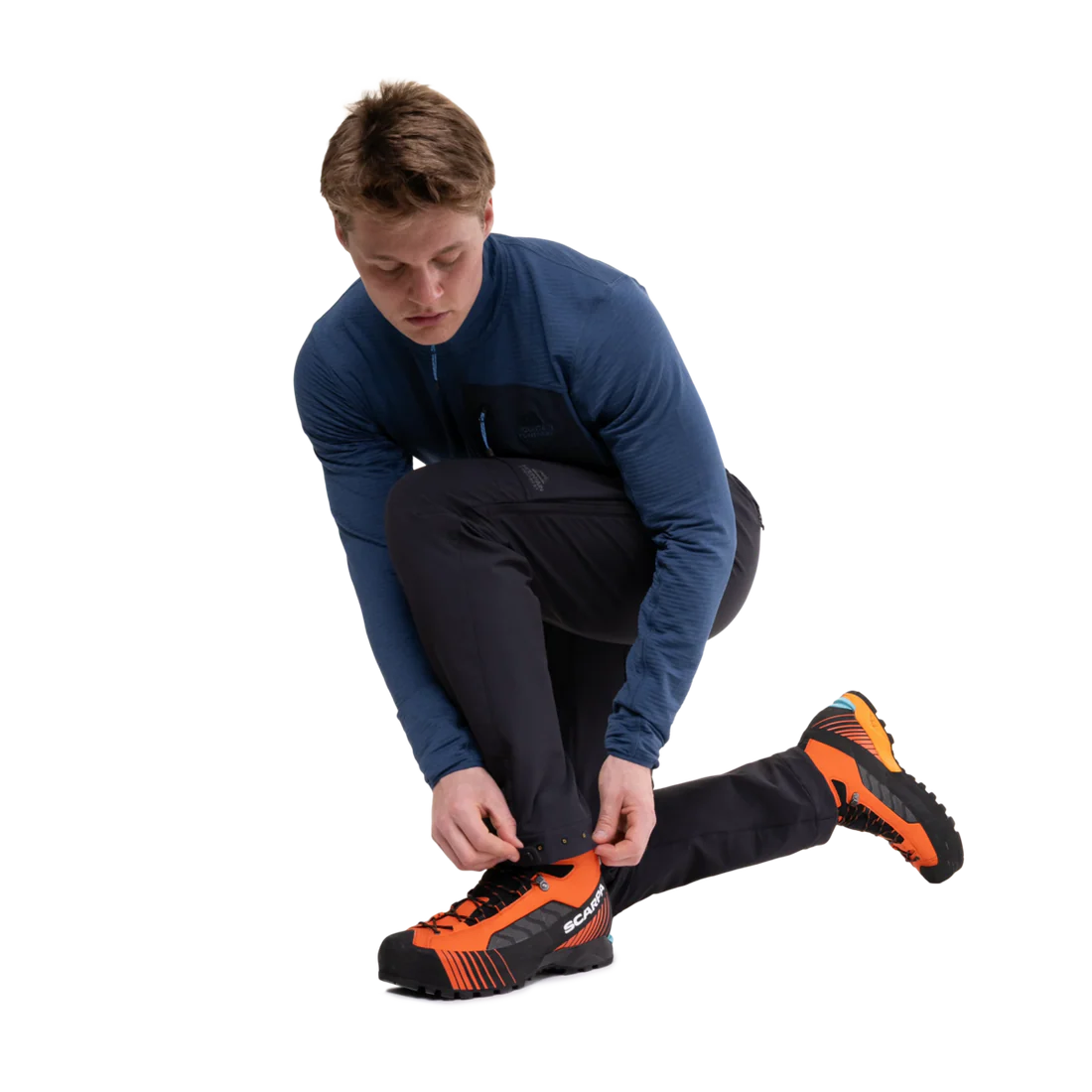 Adjustable waistband with metal button closure and belt loops on Mountain Equipment Ibex Pro Men's Pant in Black