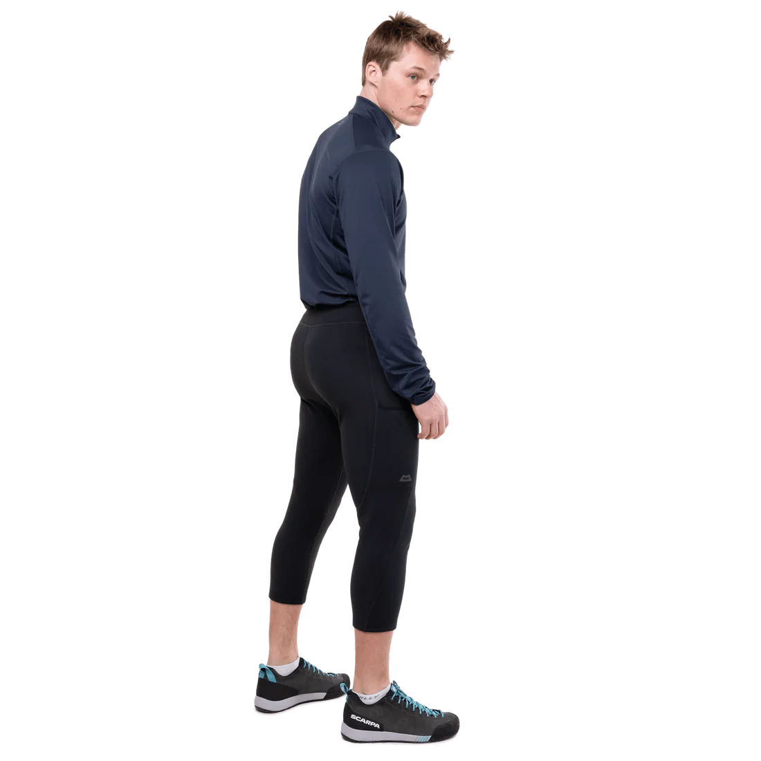 Wide stretch waistband with drawcord adjustment detail on Mountain Equipment Jorasses Lite Men's 3/4 Tight in Black