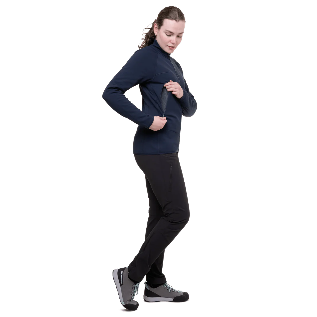 Zipped hand warmer pocket detail on Mountain Equipment Jorasses Lite Women's Jacket in Cosmos