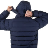 Zipped hand warmer pocket detail on Mountain Equipment Lightline Eco Men's Jacket in Cosmos