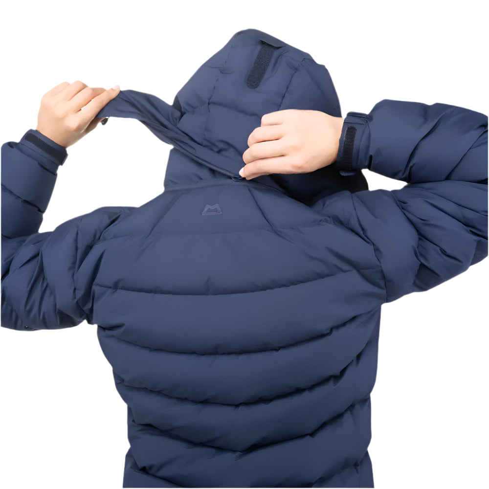 Zip-off Mountain Insulated Hood detail on Mountain Equipment Lightline Eco Women's Jacket in Cosmos