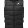 Mountain Equipment Lightline Men's Vest in Black - front view showing stitch-through baffle construction and dual tether hem drawcords