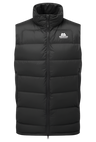 Mountain Equipment Lightline Men's Vest in Black - front view showing stitch-through baffle construction and dual tether hem drawcords