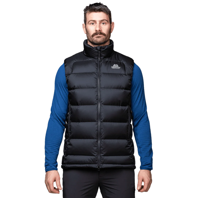 Mountain Equipment Lightline Men's Vest in Black - front view showing Drilite Loft outer and 2-way YKK moulded centre front zip