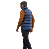 Mountain Equipment Lightline Men's Vest in Navy - detail view showing dual tether hem drawcords and stitch-through baffle construction